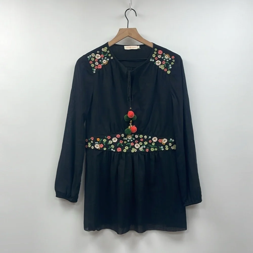 Tory Burch Fleur Embroidered Floral Woven Peasant Tunic Blouse Boho Black 8